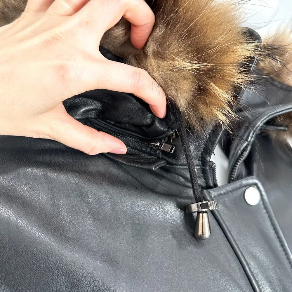 Genuine Lamb Leather Longline Coat Jacket w/ Remove-able Faux Fur Trim Hood - Picture 3 of 16